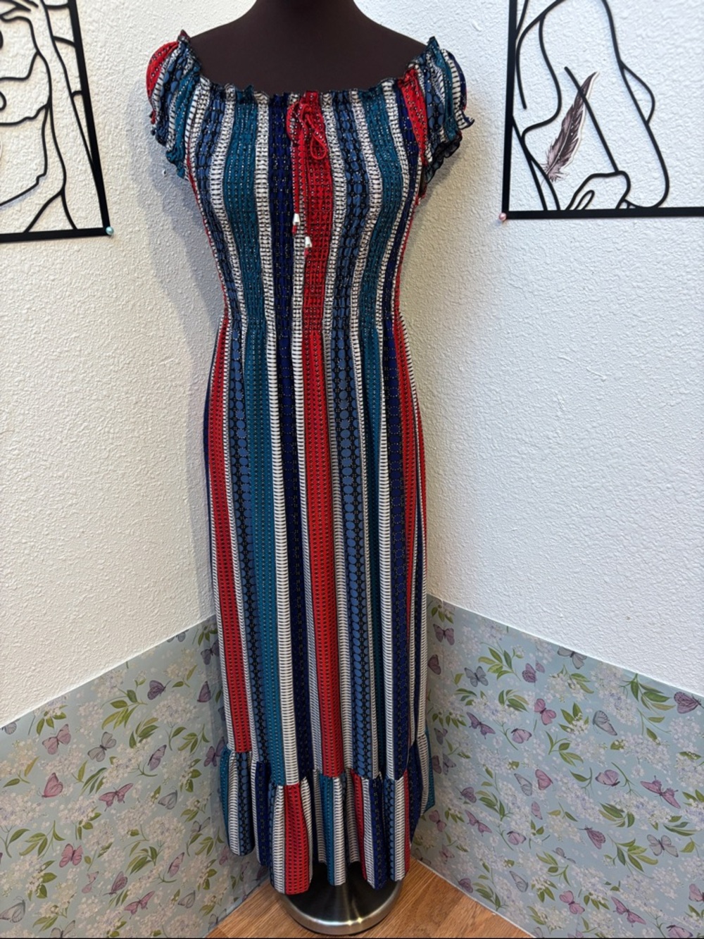 Seven Islands sparkle red blue teal and white stripe midi dress. Size M.